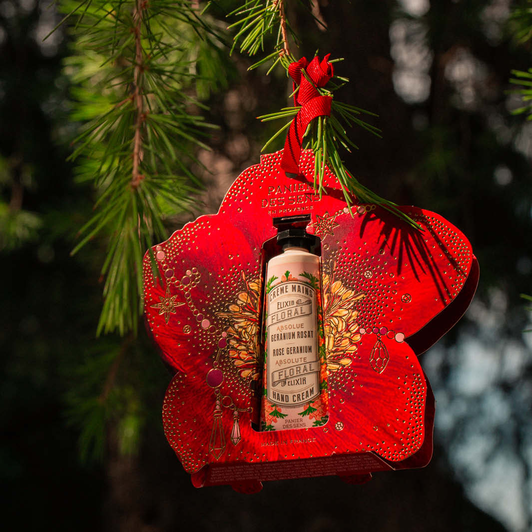Regalo: crema de manos de geranio rosa – Adorno navideño