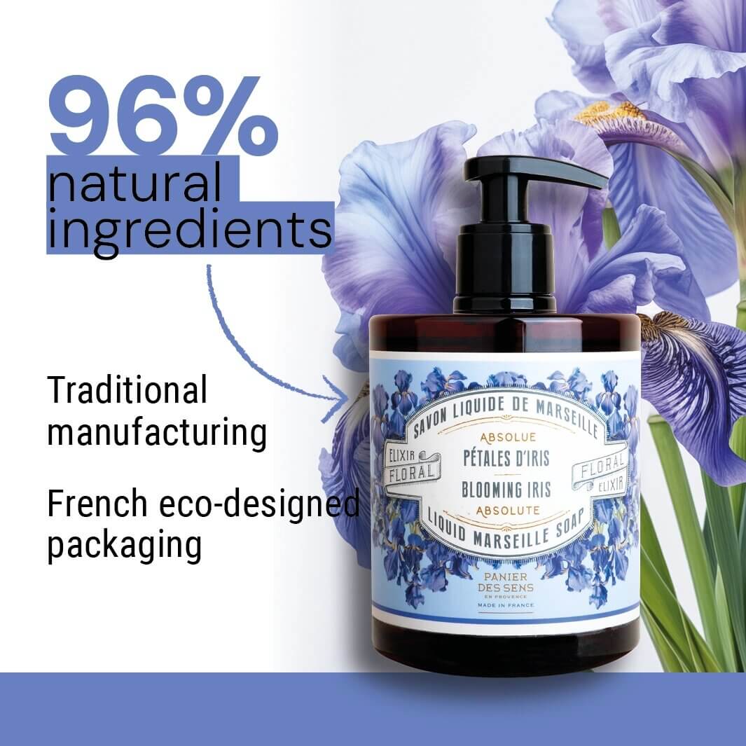 Iris Hand Soap - Liquid Marseille Soap 16.9 floz | Made in France in a Cauldron | Natural, Vegan and Moisturizing Formula | Panier des Sens Iris Hand Soap - Liquid Marseille Soap 16.9 floz | Made in France in a Cauldron | Natural, Vegan and Moisturizing Formula | Panier des Sens