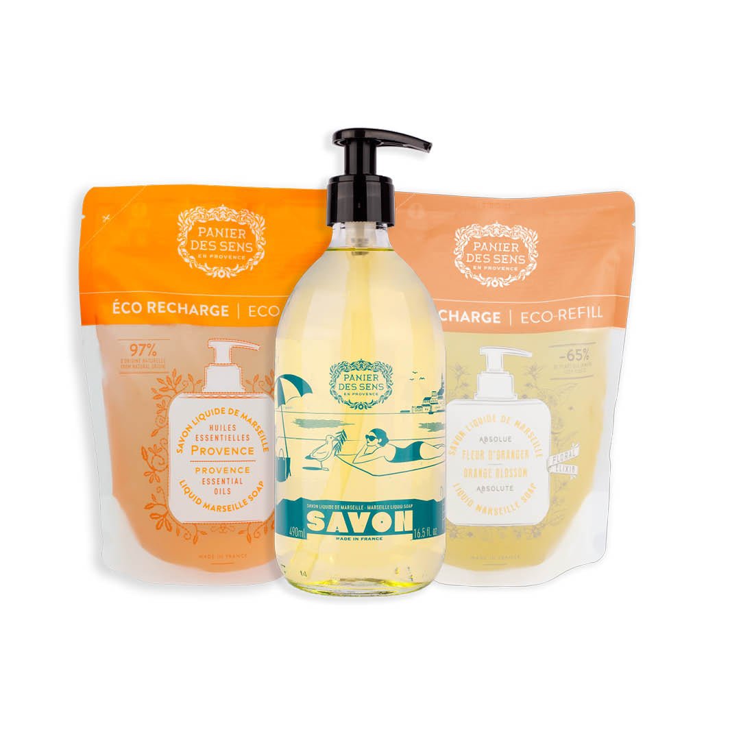 Marseille Olive Liquid Soap Limited Edition 25 Years + 2 Refills - Orange Blossom, Provence - Liquid Marseille Soap - Panier des Sens USA