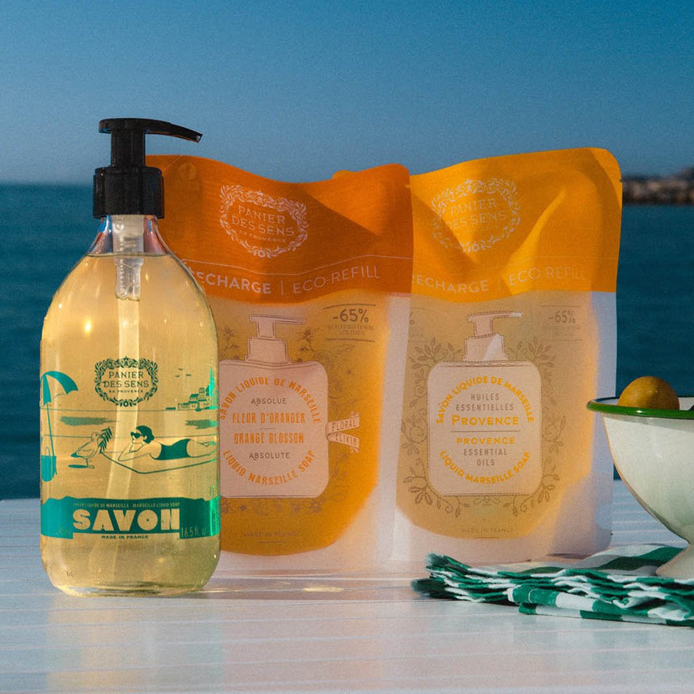 Marseille Olive Liquid Soap Limited Edition 25 Years + 2 Refills - Orange Blossom, Provence - Liquid Marseille Soap - Panier des Sens USA