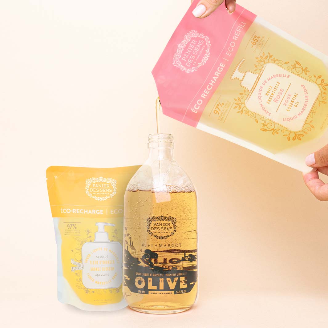 Olive liquid Marseille soap limited edition + 2 eco - refills - Orange Blossom, Rose - Liquid Marseille Soap - Panier des Sens USA