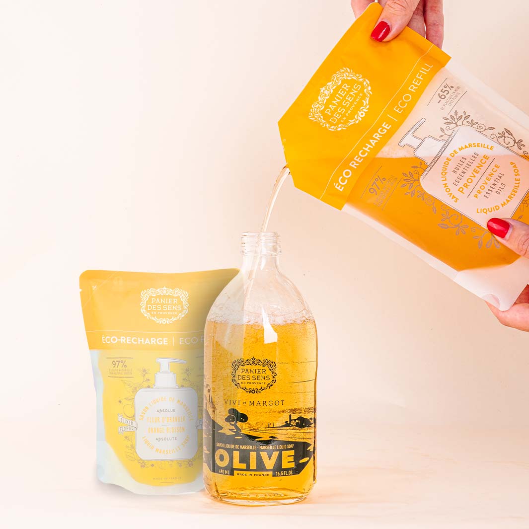 Olive liquid Marseille soap limited edition + 2 eco - refills - Provence, Orange Blossom - Liquid Marseille Soap - Panier des Sens USA