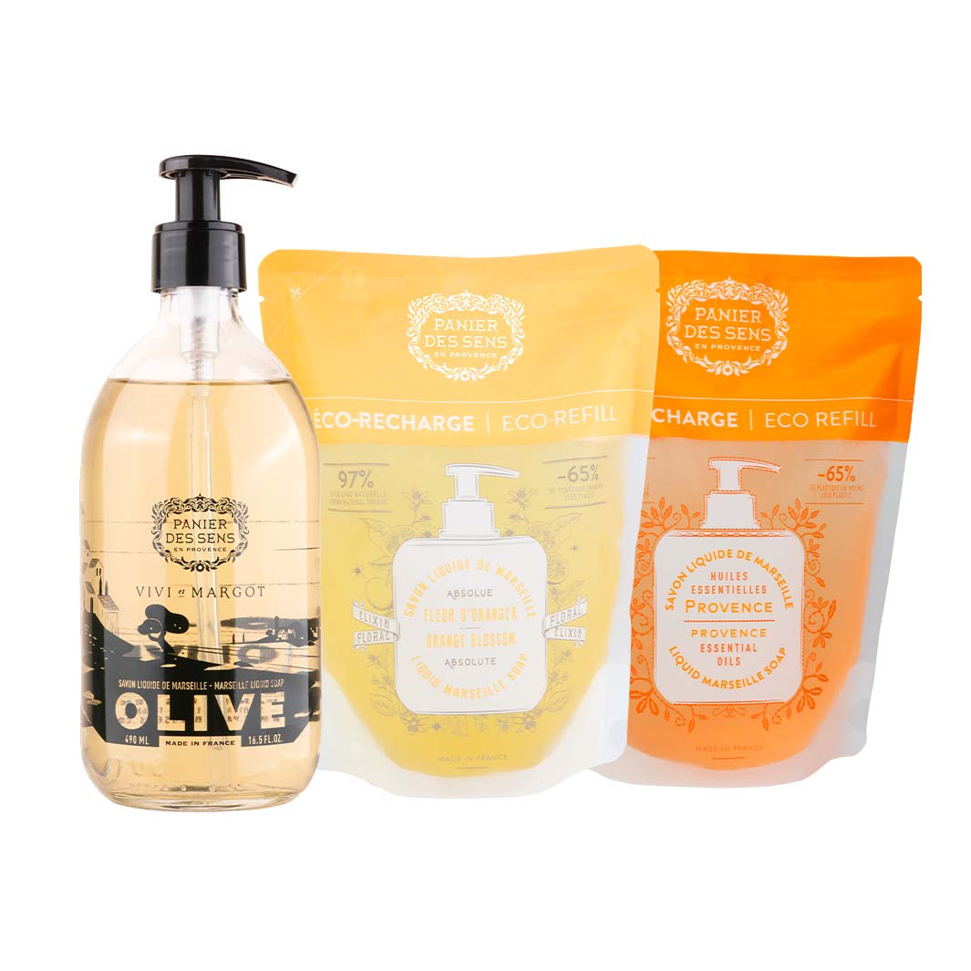 Olive liquid Marseille soap limited edition + 2 eco - refills - Provence, Orange Blossom - Liquid Marseille Soap - Panier des Sens USA