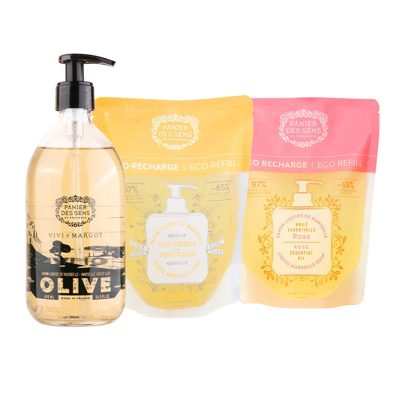 Olive liquid Marseille soap limited edition + 2 eco-refills - Orange Blossom, Rose