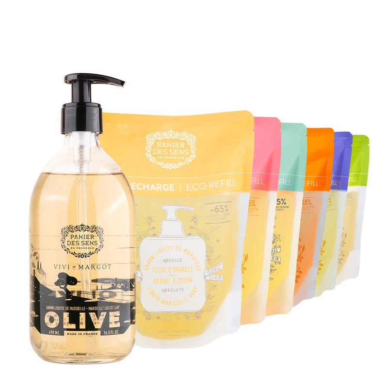 Olive liquid Marseille soap limited edition + 6 eco-refills -  Orange Blossom, Jasmine, Provence, Rose, Lavender, Verbena