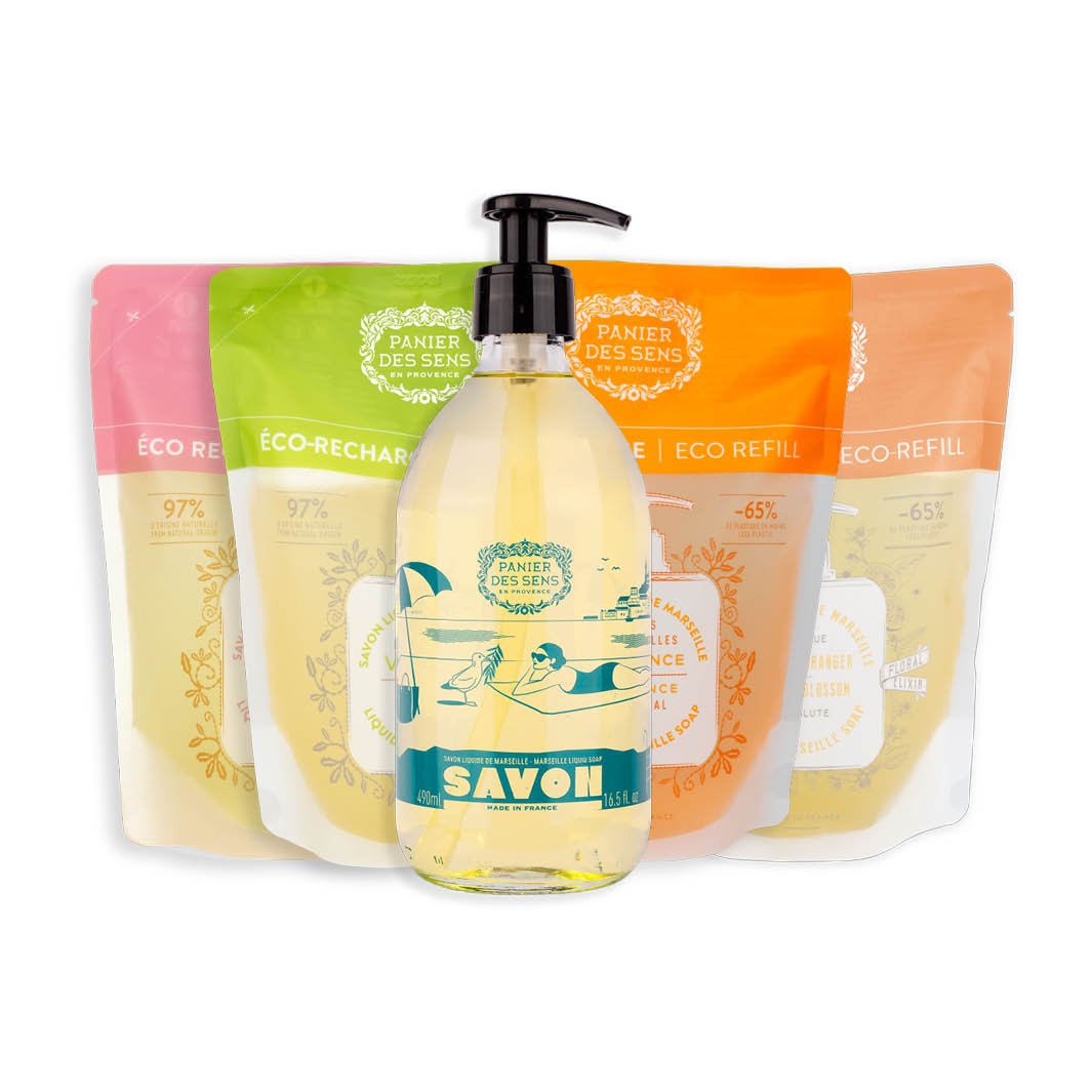 Pack of Marseille Olive Liquid Soap Limited Edition 25 Years + 4 Refills - Liquid Marseille Soap - Panier des Sens USA