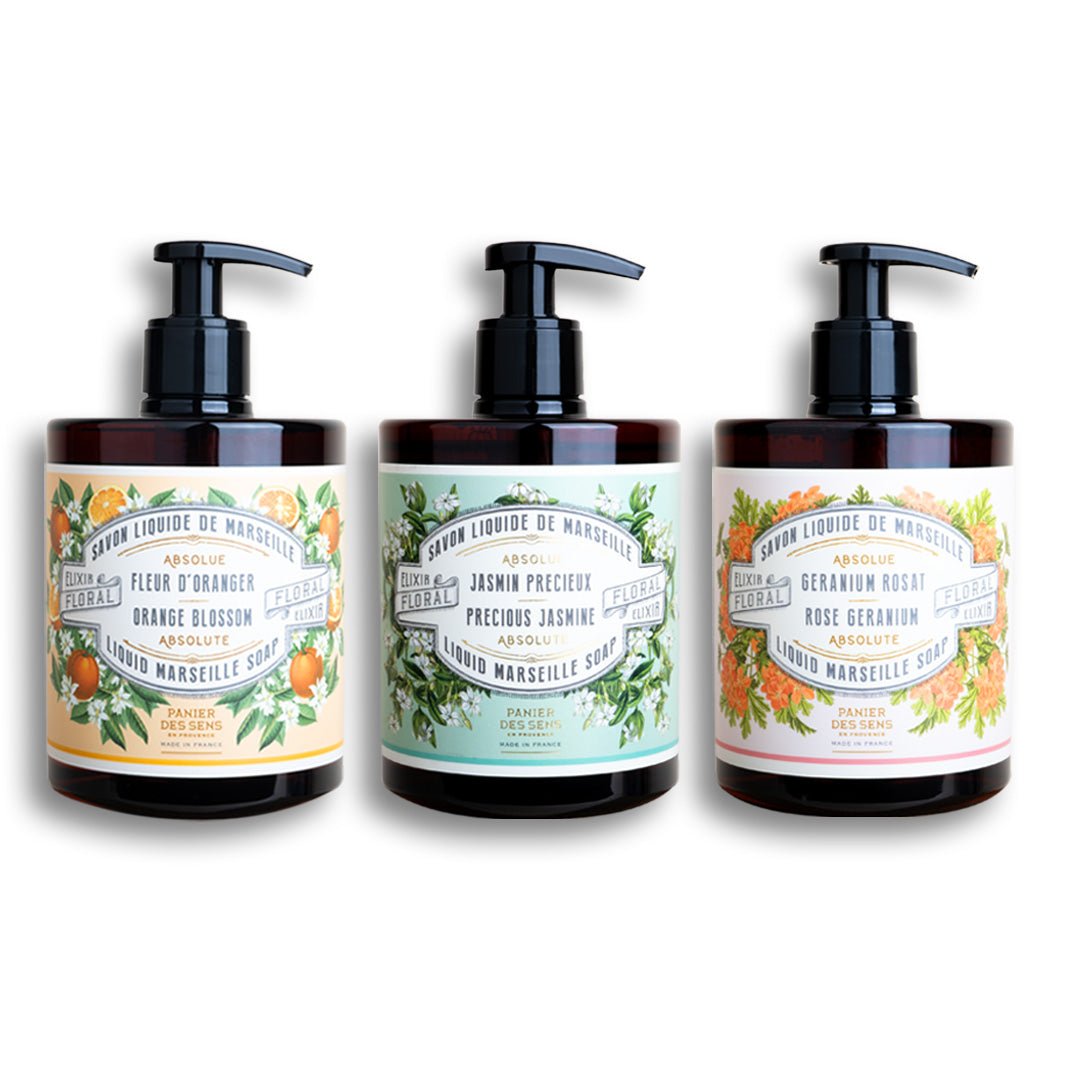 Set of liquid Marseille soaps - Orange Blossom, Jasmine, Geranium - Liquid Marseille Soap - Panier des Sens USA