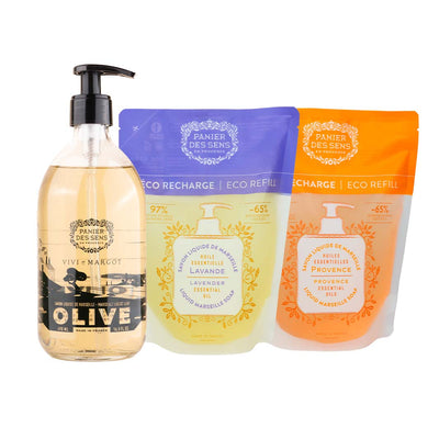 Jabón de Marsella líquido de oliva edición limitada + 2 eco - recambios - Provenza, Lavanda - Jabón de Marsella líquido - Panier des Sens USA